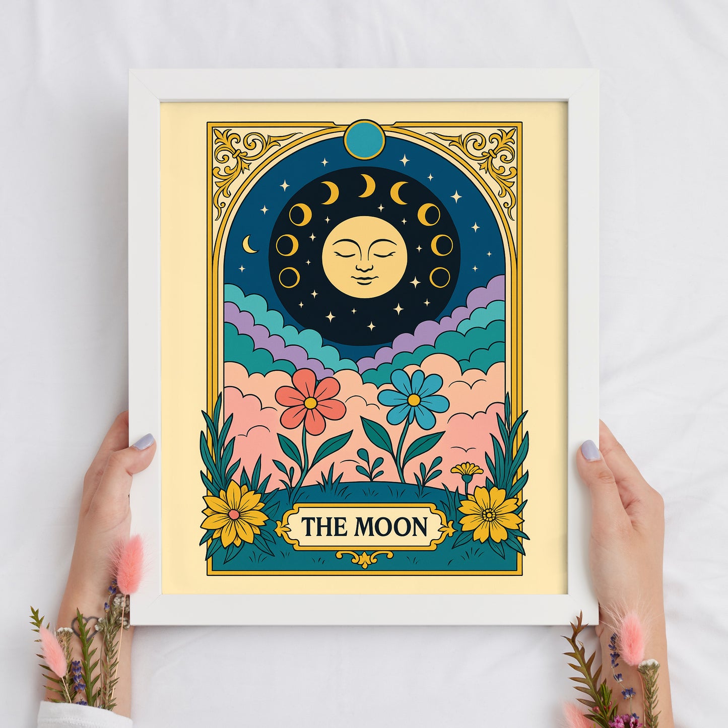 The Moon Tarot Card Printable Poster | Elegant Celestial Tarot Wall Art | Major Arcana Digital Download | Mystical Floral Astrology Decor
