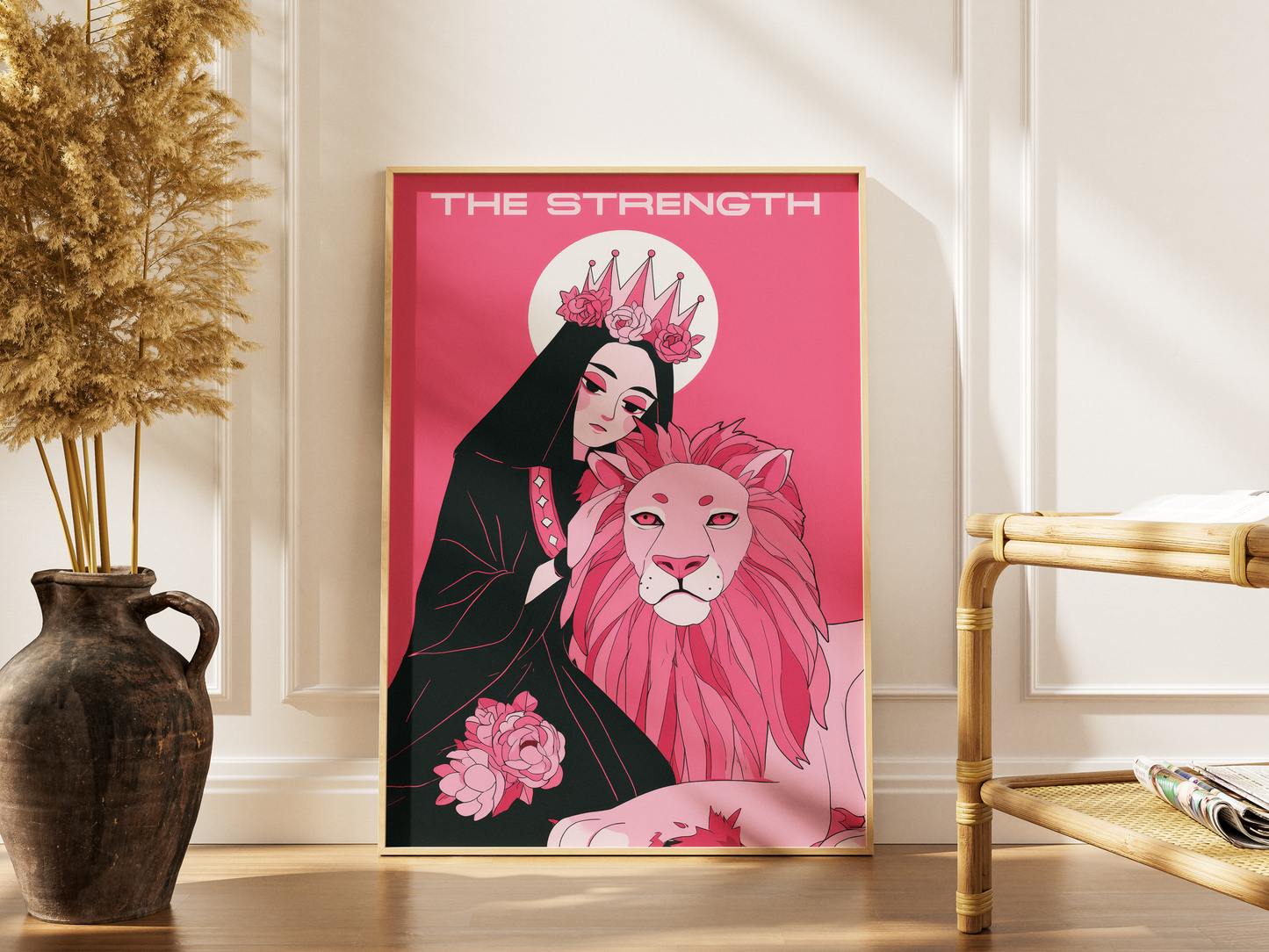 The Strength Tarot Card Print – Divine Feminine & Lion Illustration, Bold Pink Tarot Wall Art, Digital Download, Spiritual Poster Decor
