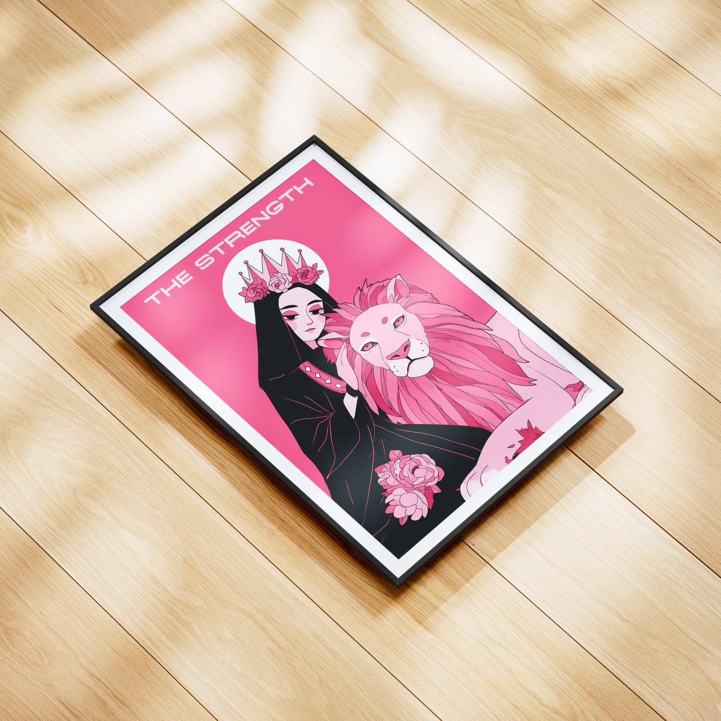 The Strength Tarot Card Print – Divine Feminine & Lion Illustration, Bold Pink Tarot Wall Art, Digital Download, Spiritual Poster Decor