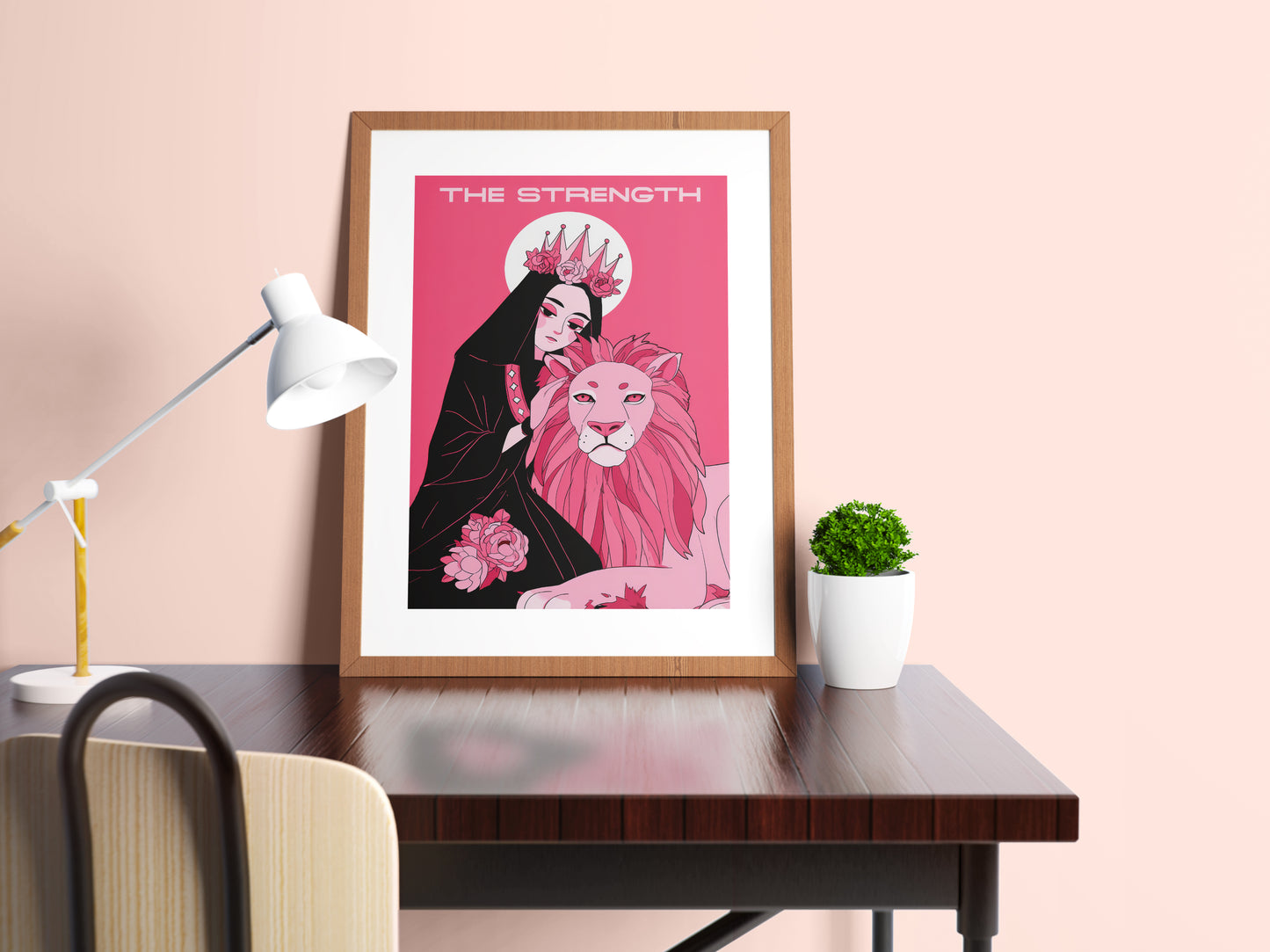 The Strength Tarot Card Print – Divine Feminine & Lion Illustration, Bold Pink Tarot Wall Art, Digital Download, Spiritual Poster Decor