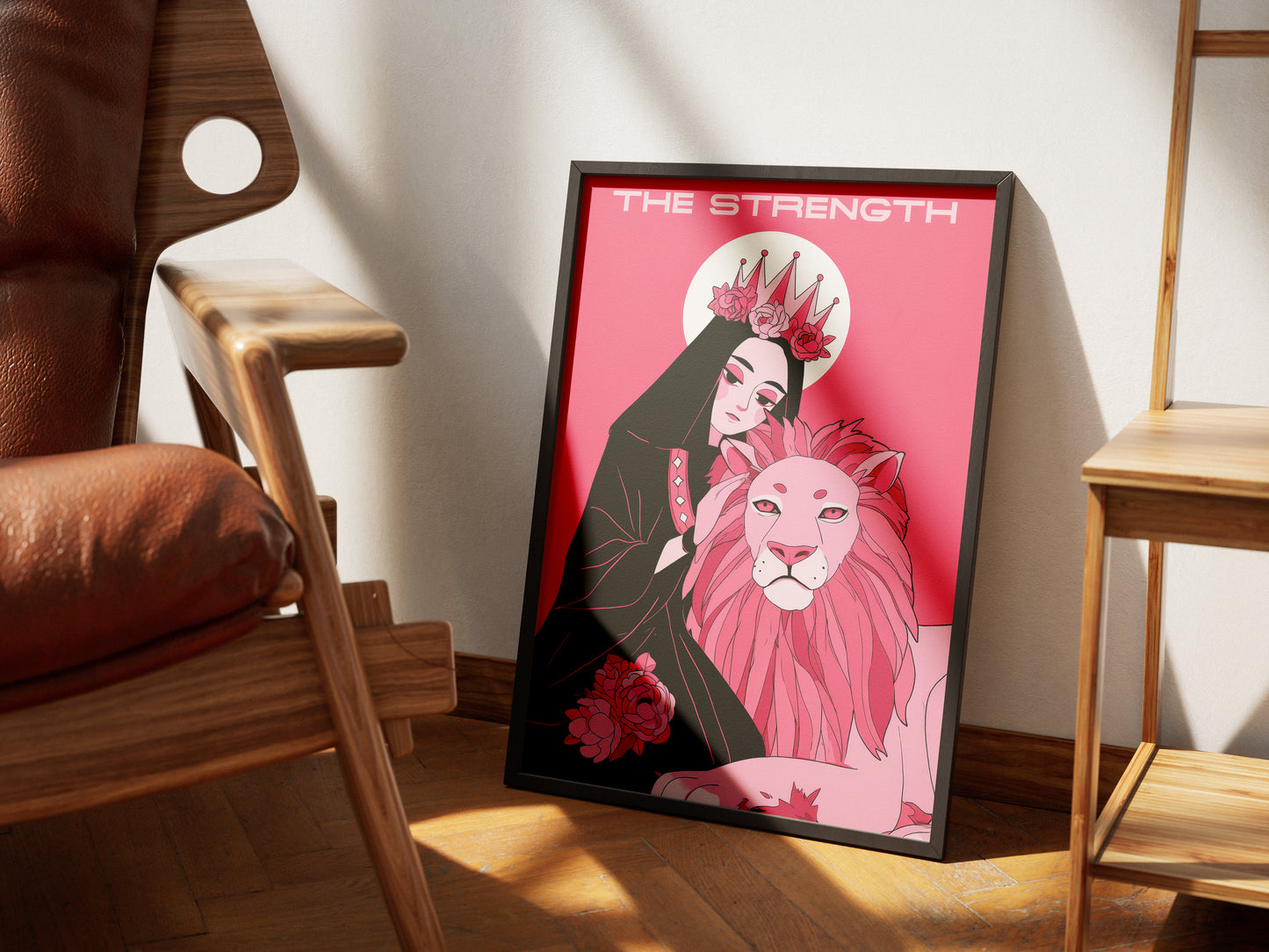 The Strength Tarot Card Print – Divine Feminine & Lion Illustration, Bold Pink Tarot Wall Art, Digital Download, Spiritual Poster Decor