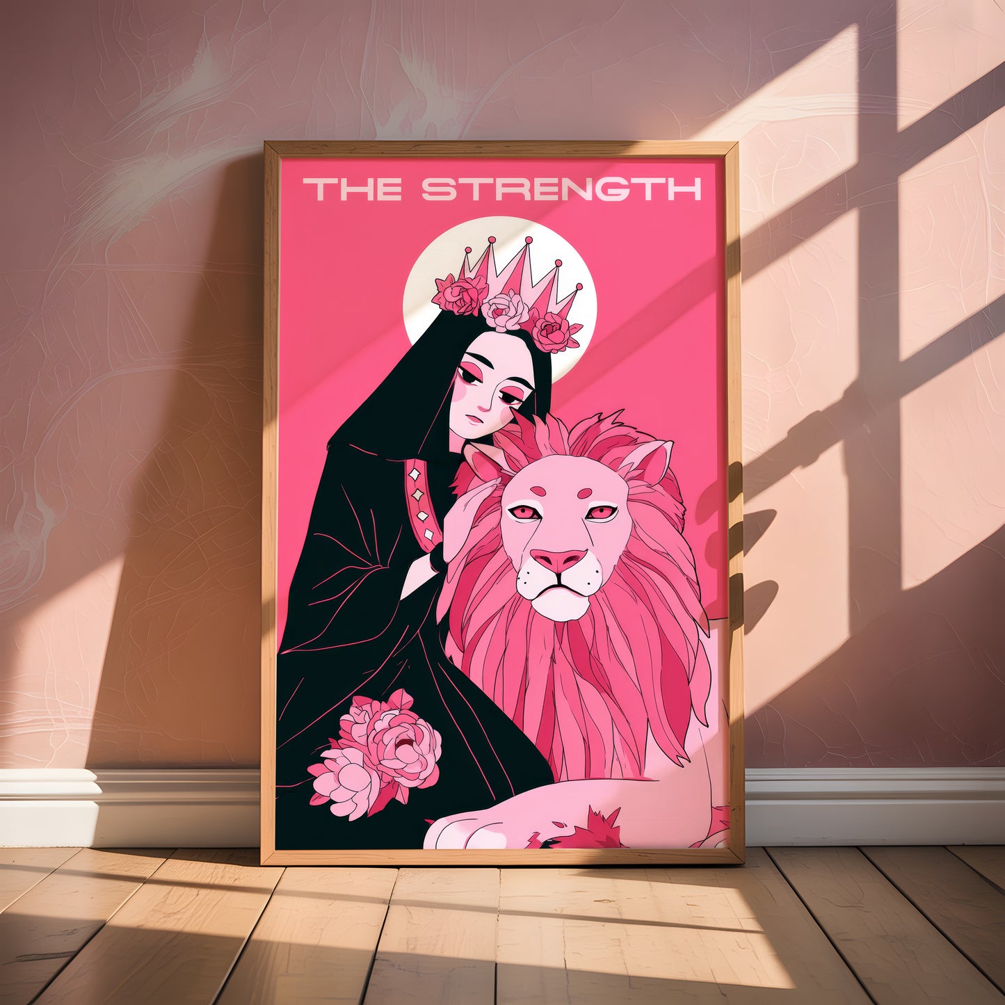 The Strength Tarot Card Print – Divine Feminine & Lion Illustration, Bold Pink Tarot Wall Art, Digital Download, Spiritual Poster Decor