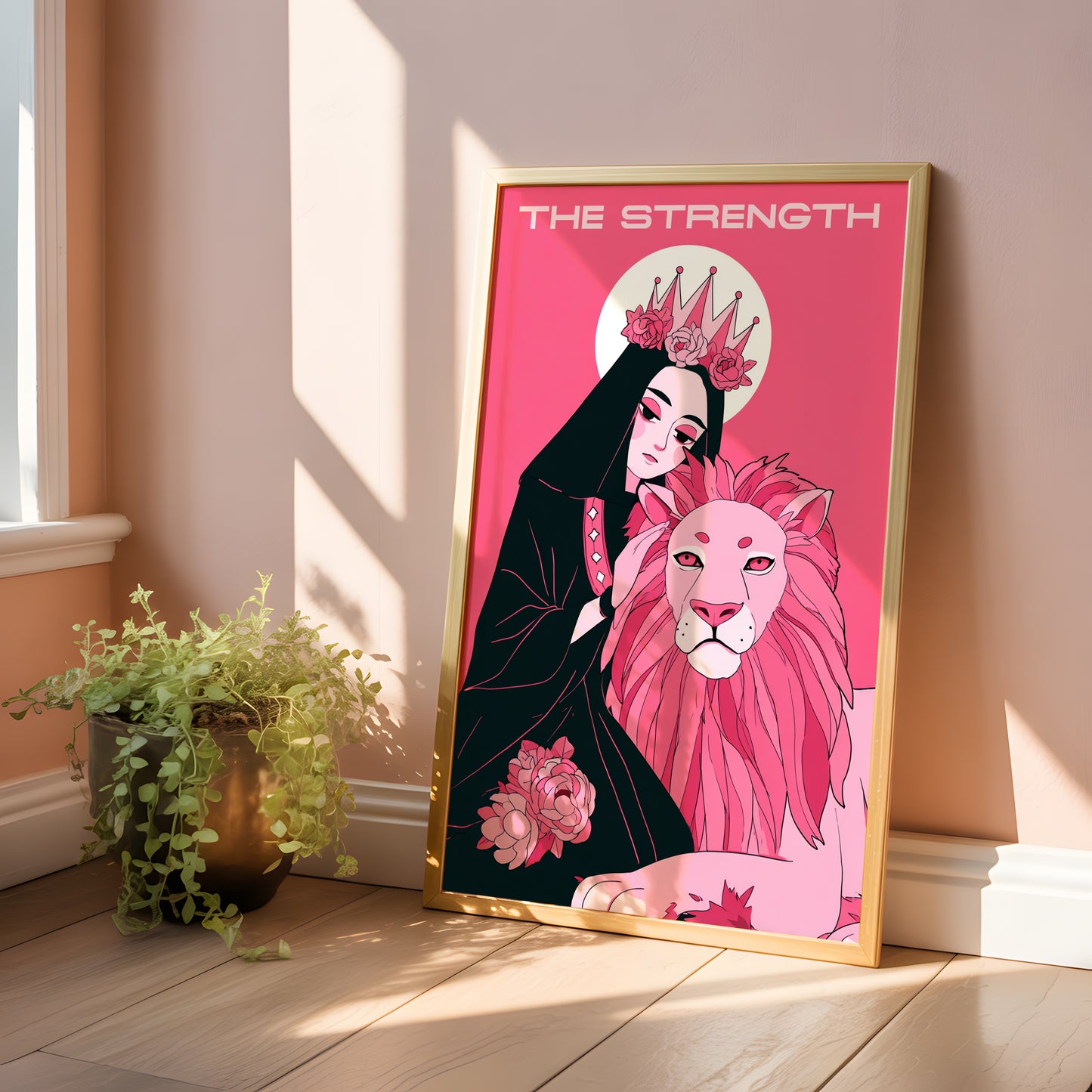 The Strength Tarot Card Print – Divine Feminine & Lion Illustration, Bold Pink Tarot Wall Art, Digital Download, Spiritual Poster Decor
