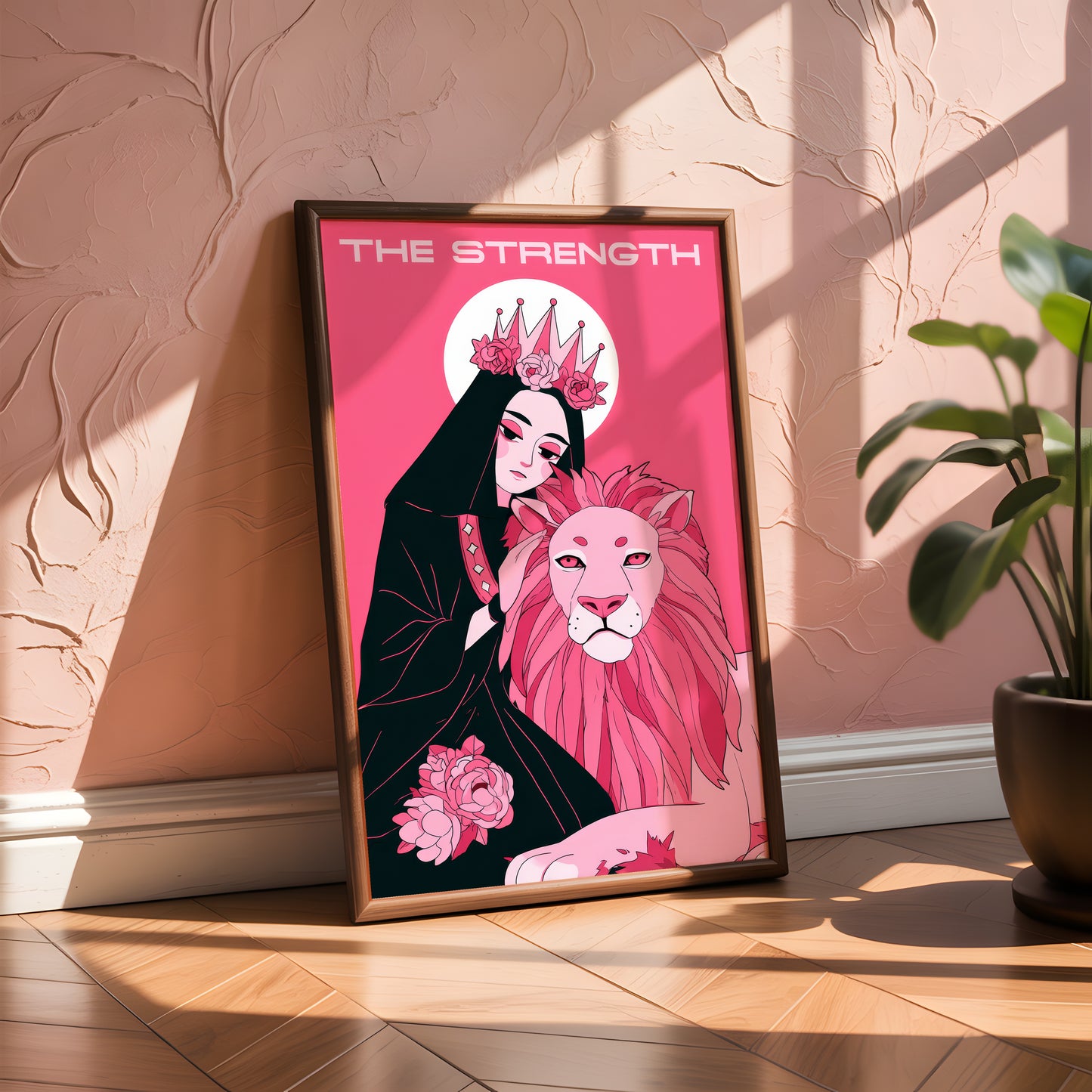 The Strength Tarot Card Print – Divine Feminine & Lion Illustration, Bold Pink Tarot Wall Art, Digital Download, Spiritual Poster Decor