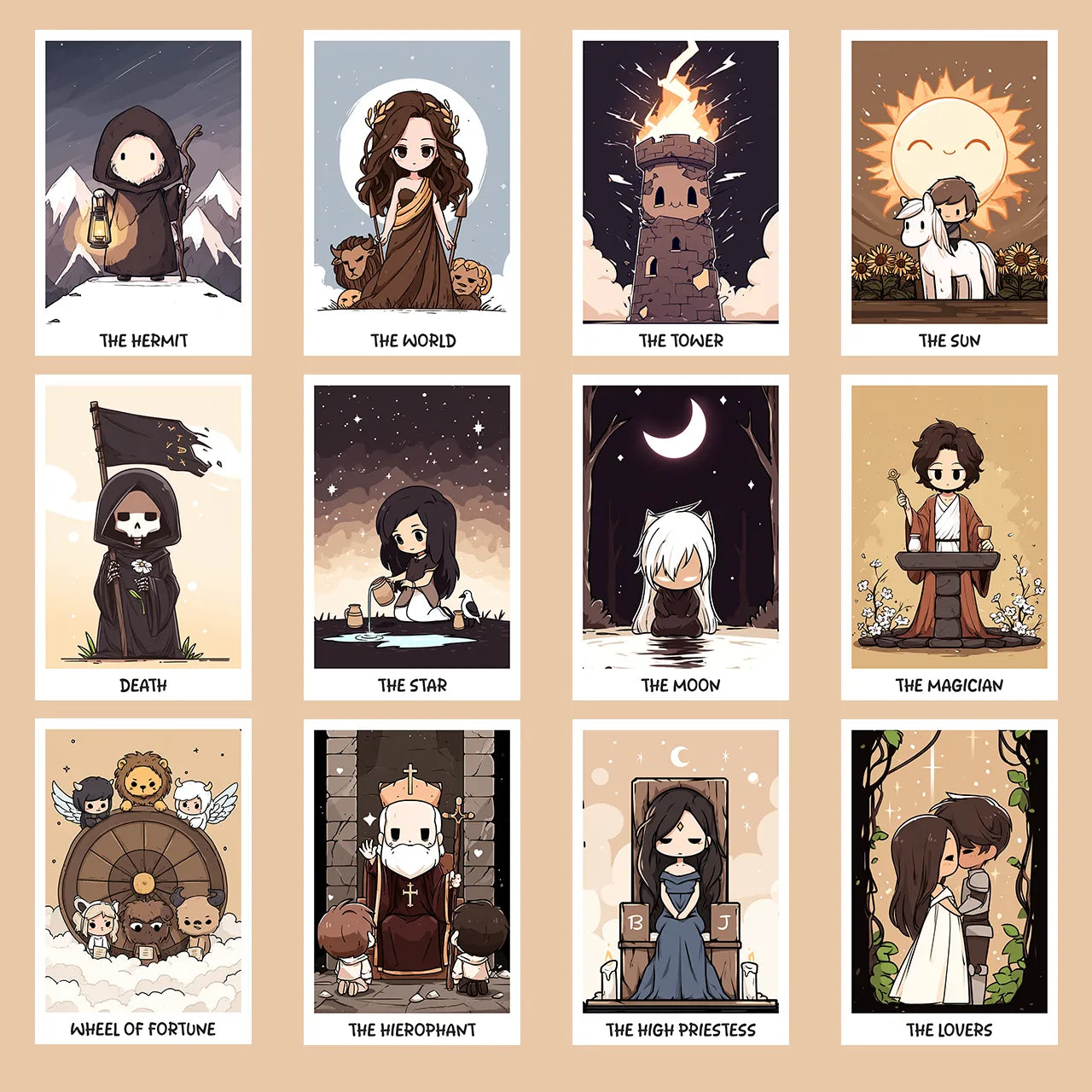 Chibi Major Arcana Tarot Card Set – 22 Printable Digital Cards (Kawaii Style)