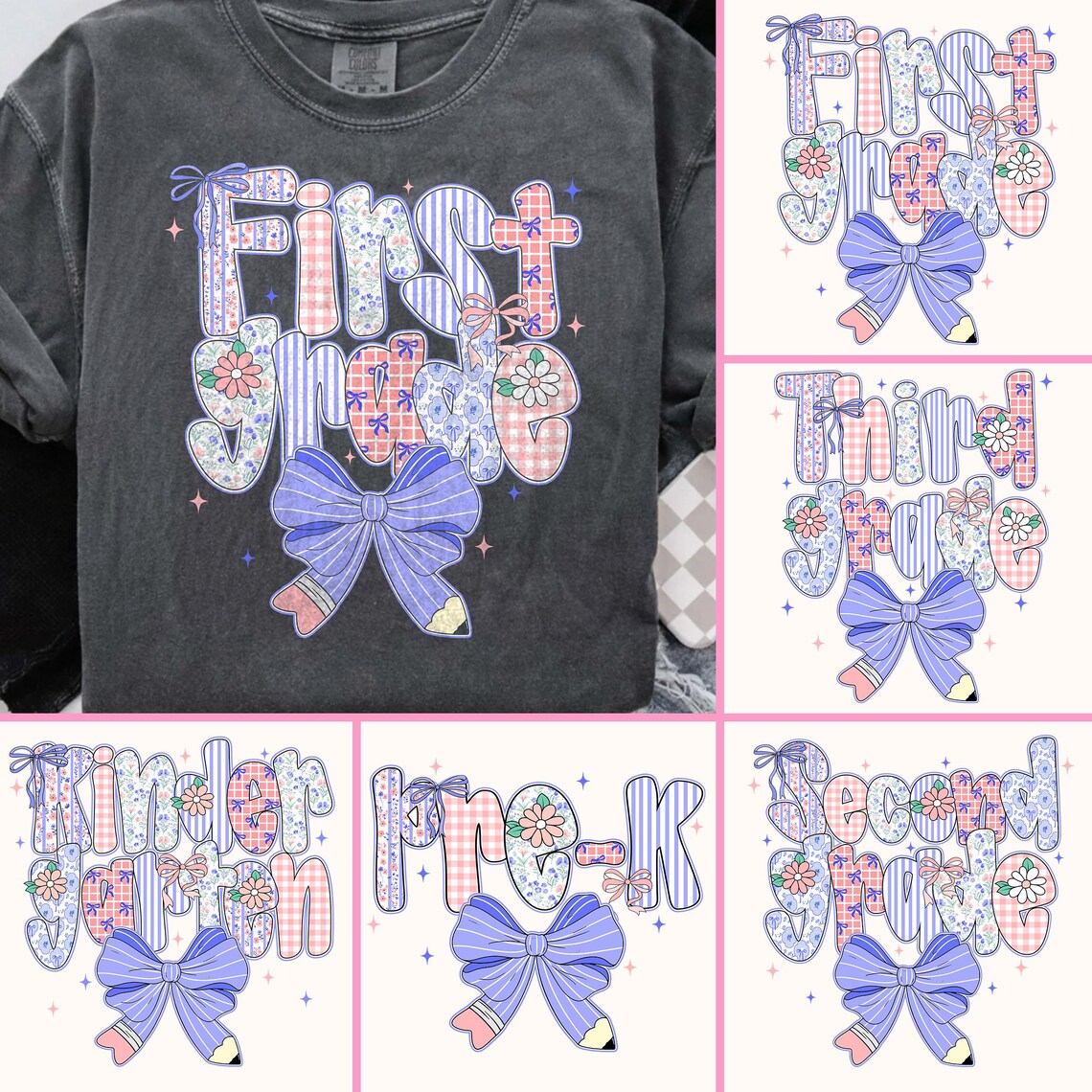 Preppy Back to School Floral PNG Bundle Png, First Day of School PNG, Preppy School Png, School Bundle Png, First/Second/Third Grade Design