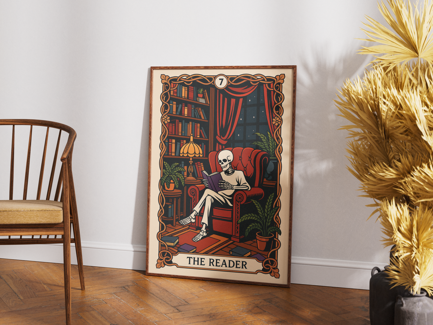 The Reader Tarot Card, Gothic Art Print, Witchy Home Decor, Cozy Skeleton Decor, Spooky Wall Art, Skull Print, Book Lover Gift