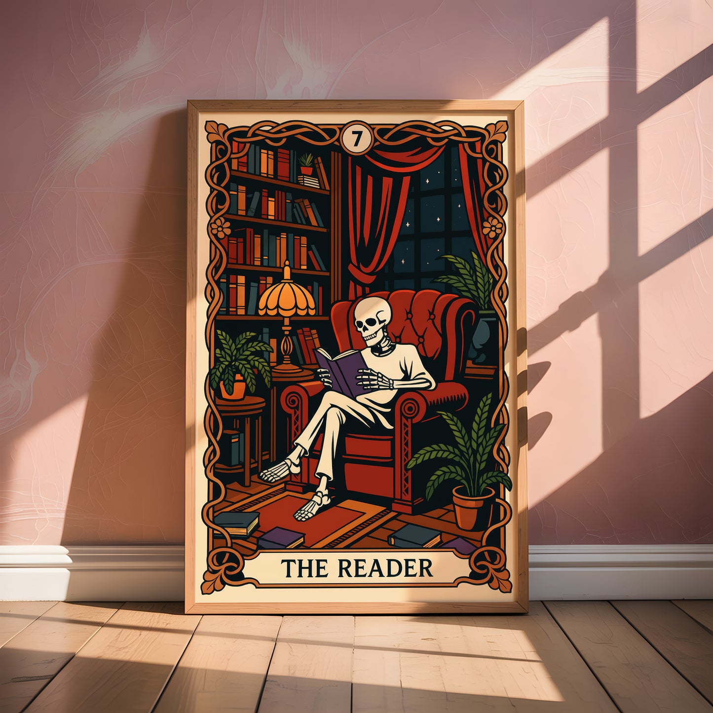 The Reader Tarot Card, Gothic Art Print, Witchy Home Decor, Cozy Skeleton Decor, Spooky Wall Art, Skull Print, Book Lover Gift