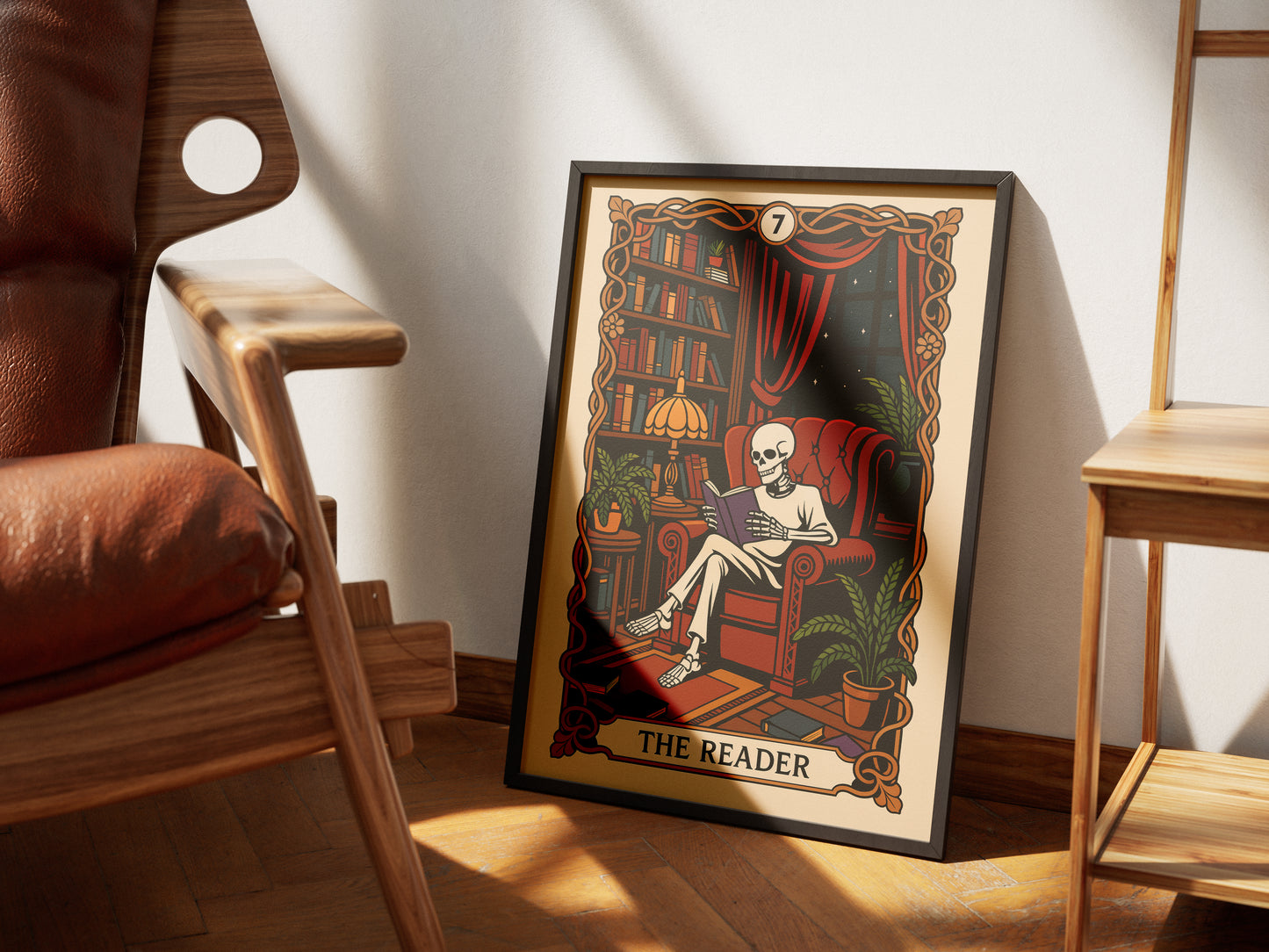The Reader Tarot Card, Gothic Art Print, Witchy Home Decor, Cozy Skeleton Decor, Spooky Wall Art, Skull Print, Book Lover Gift