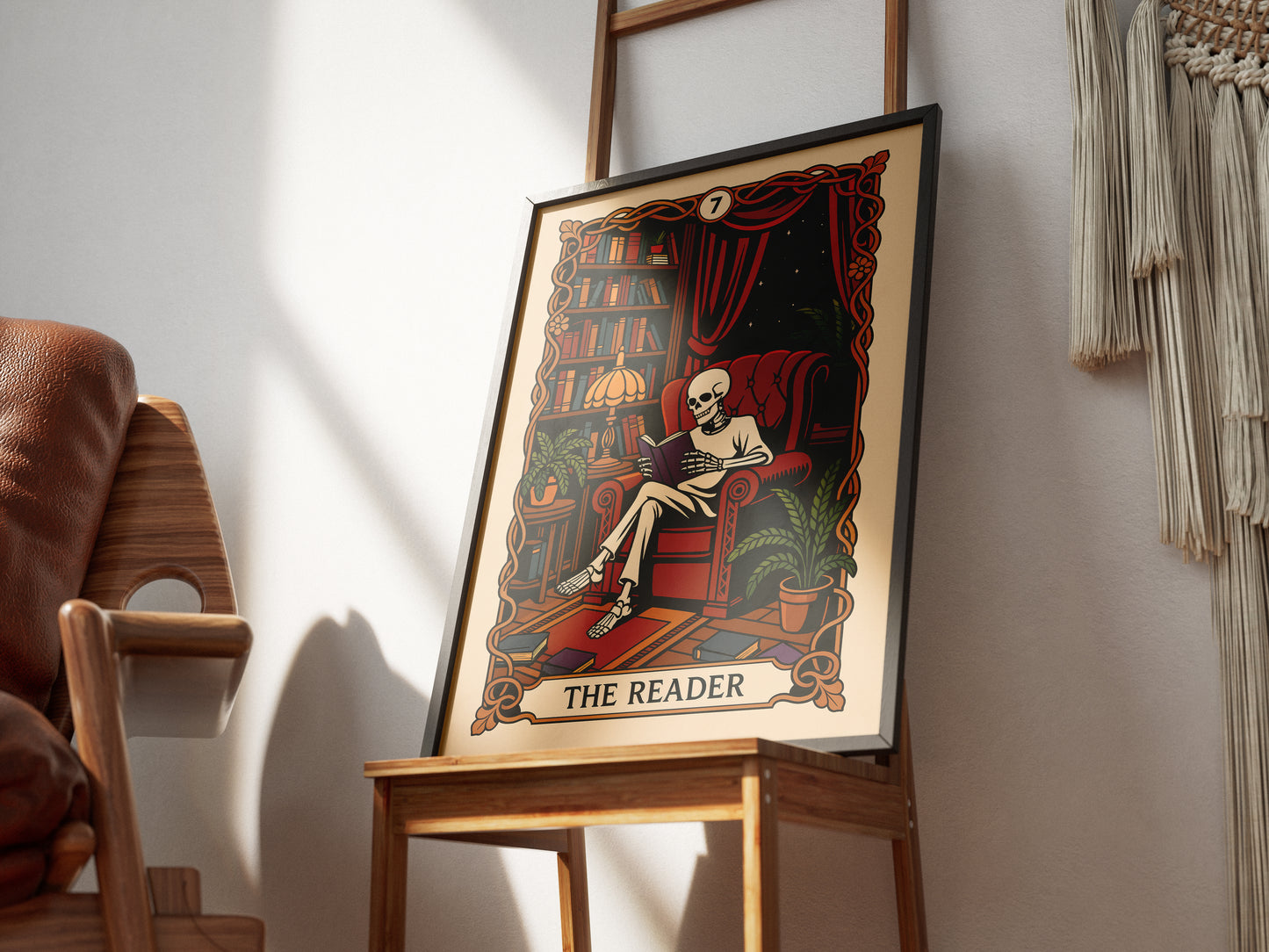 The Reader Tarot Card, Gothic Art Print, Witchy Home Decor, Cozy Skeleton Decor, Spooky Wall Art, Skull Print, Book Lover Gift