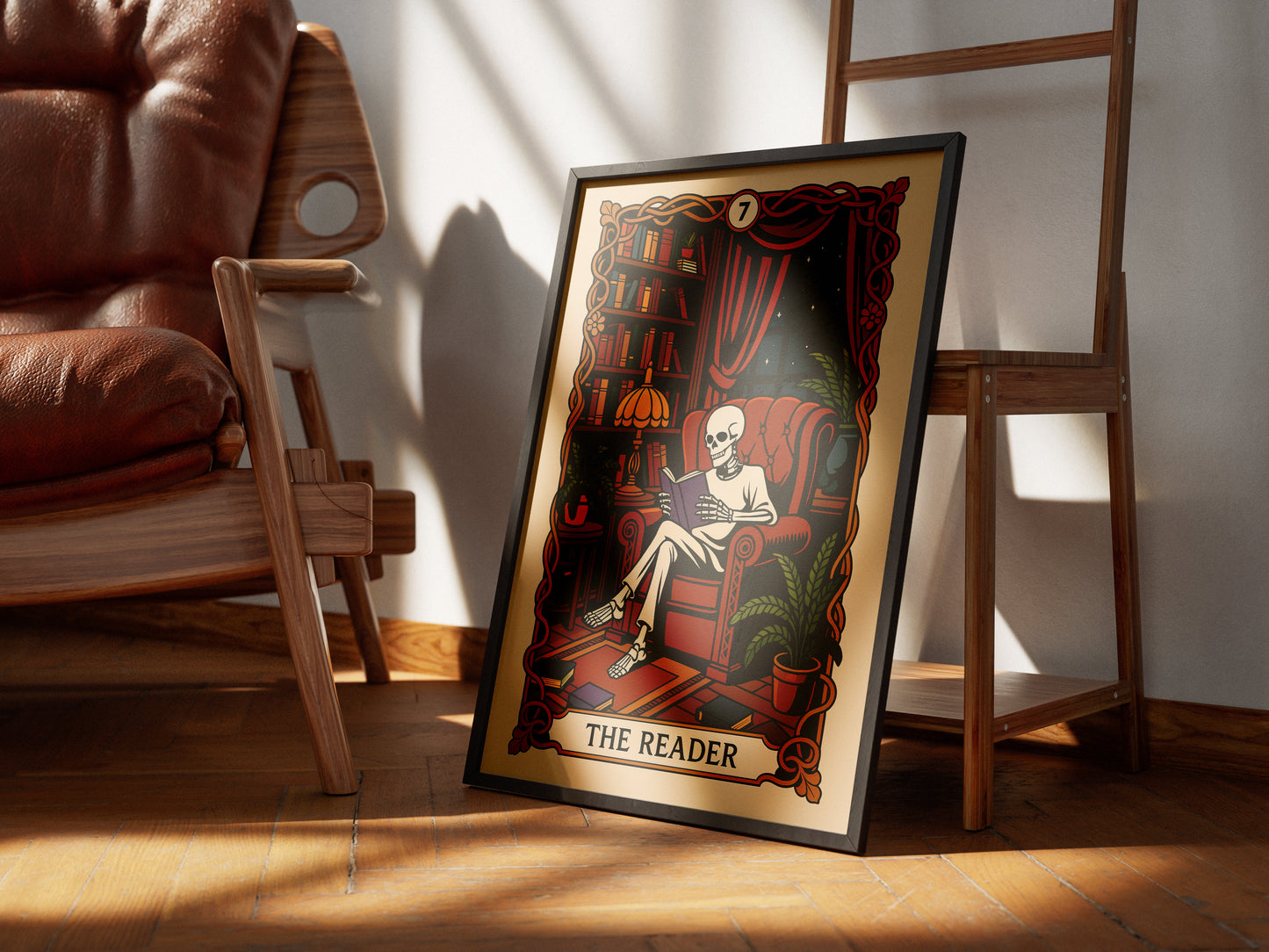 The Reader Tarot Card, Gothic Art Print, Witchy Home Decor, Cozy Skeleton Decor, Spooky Wall Art, Skull Print, Book Lover Gift