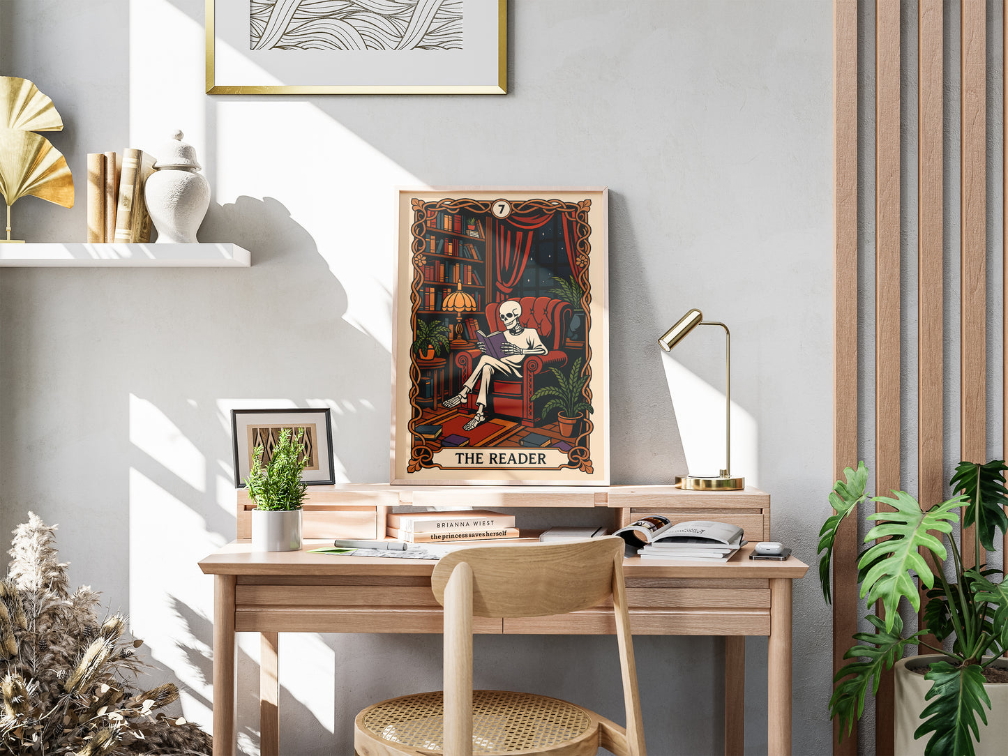 The Reader Tarot Card, Gothic Art Print, Witchy Home Decor, Cozy Skeleton Decor, Spooky Wall Art, Skull Print, Book Lover Gift