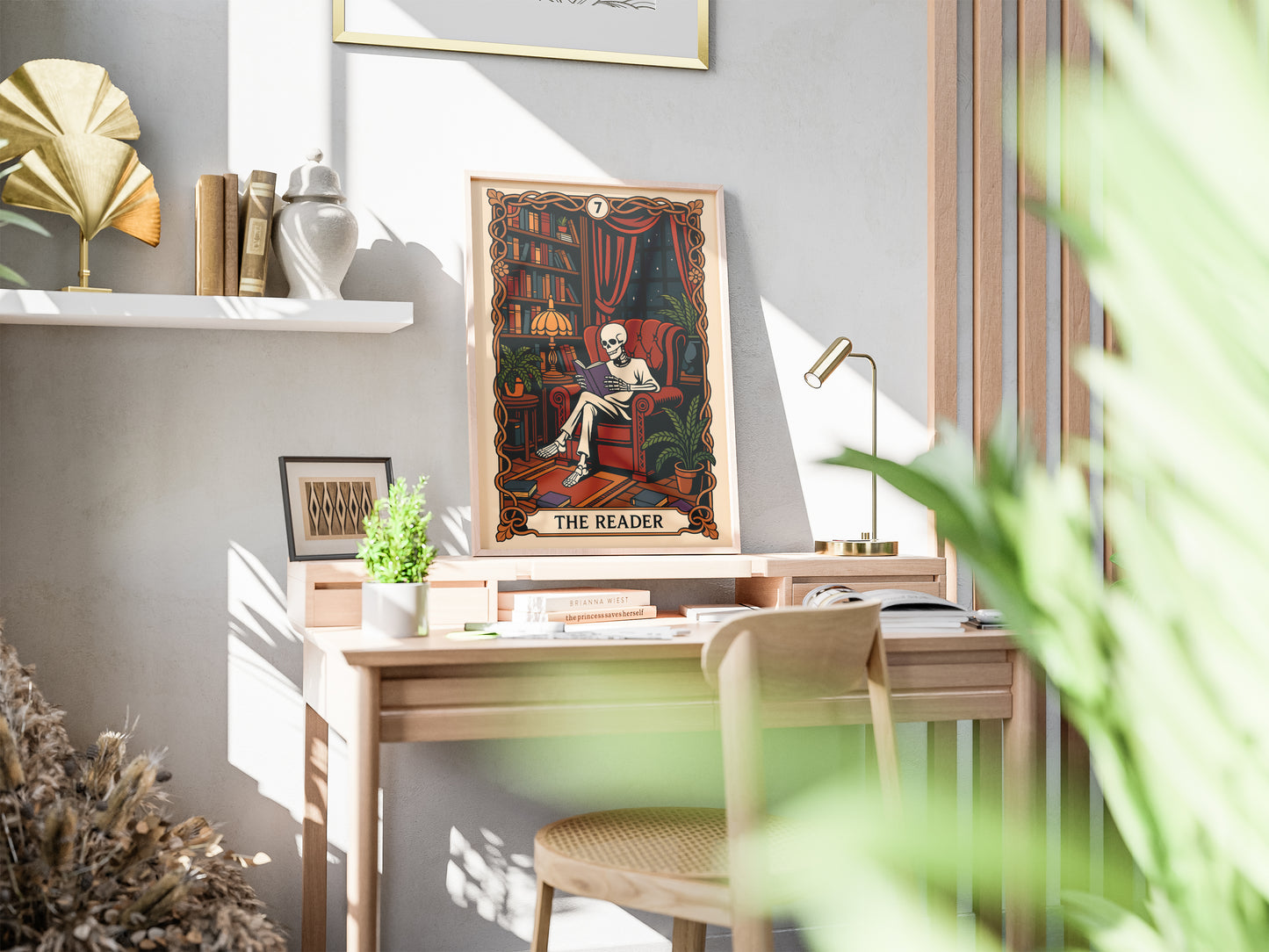 The Reader Tarot Card, Gothic Art Print, Witchy Home Decor, Cozy Skeleton Decor, Spooky Wall Art, Skull Print, Book Lover Gift