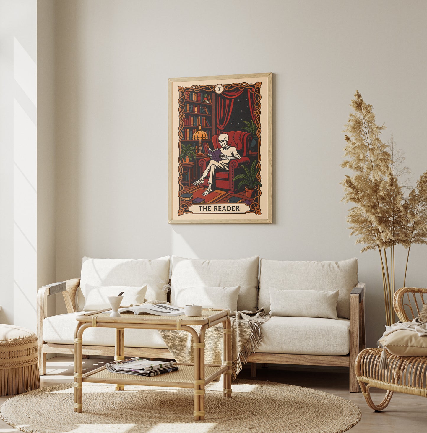 The Reader Tarot Card, Gothic Art Print, Witchy Home Decor, Cozy Skeleton Decor, Spooky Wall Art, Skull Print, Book Lover Gift