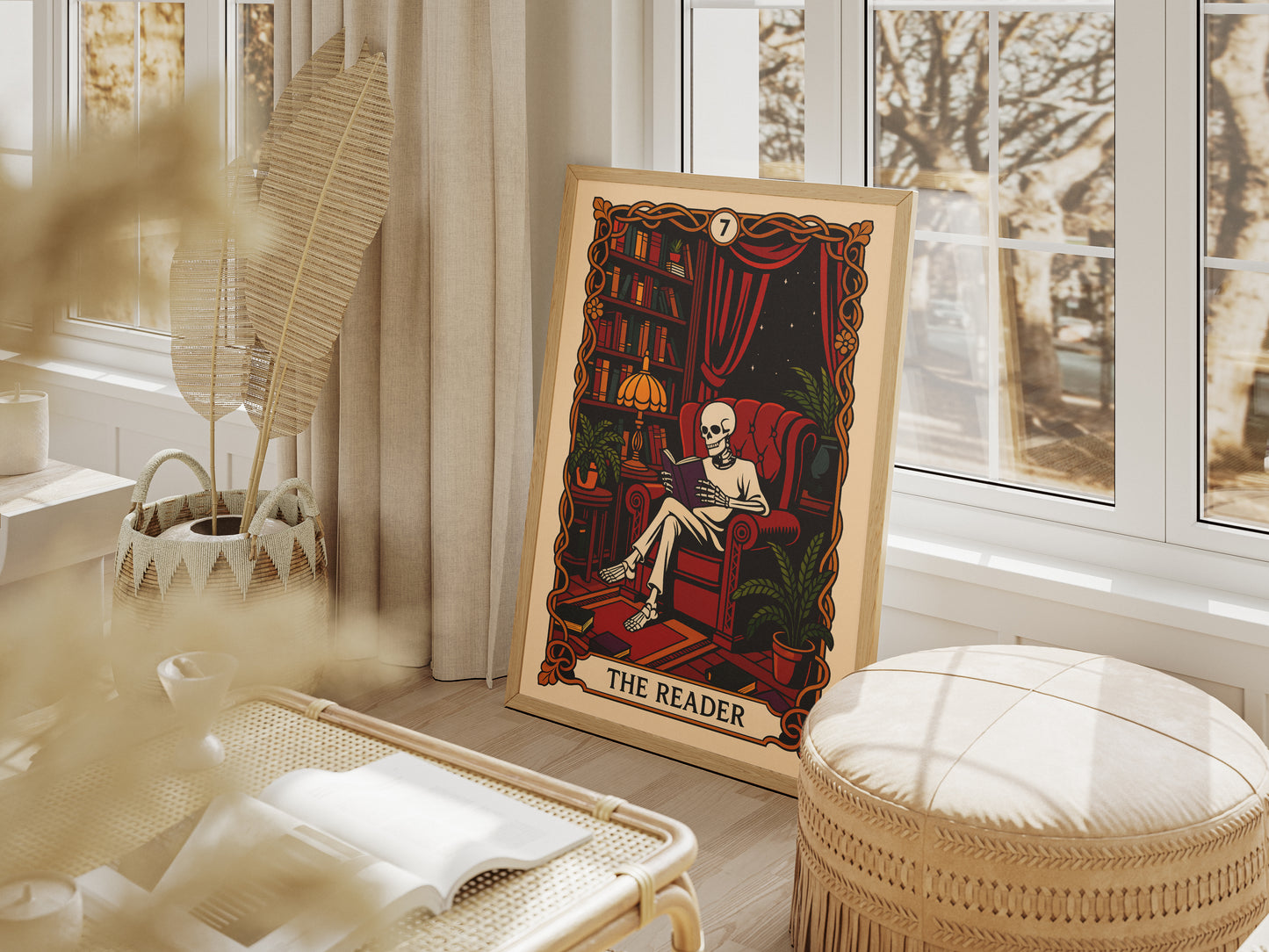 The Reader Tarot Card, Gothic Art Print, Witchy Home Decor, Cozy Skeleton Decor, Spooky Wall Art, Skull Print, Book Lover Gift