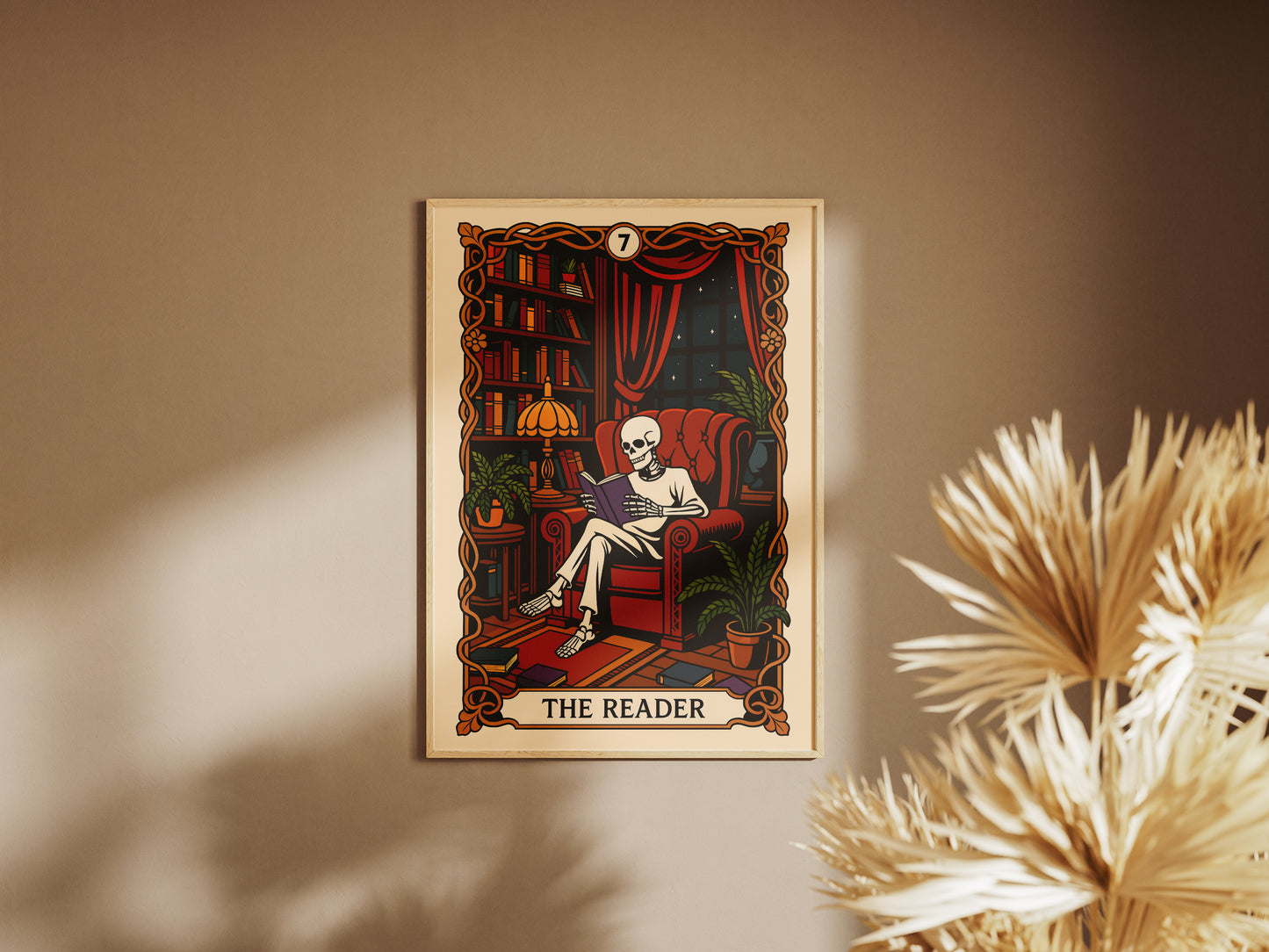 The Reader Tarot Card, Gothic Art Print, Witchy Home Decor, Cozy Skeleton Decor, Spooky Wall Art, Skull Print, Book Lover Gift