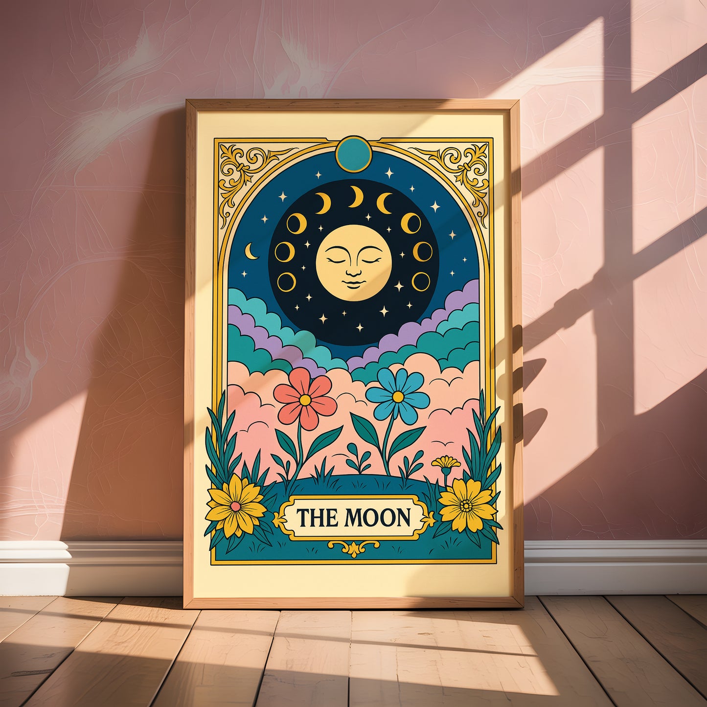 The Moon Tarot Card Printable Poster | Elegant Celestial Tarot Wall Art | Major Arcana Digital Download | Mystical Floral Astrology Decor