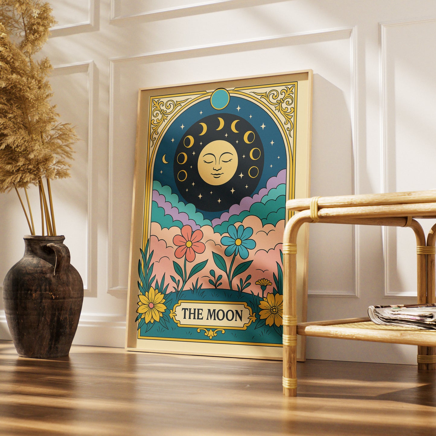 The Moon Tarot Card Printable Poster | Elegant Celestial Tarot Wall Art | Major Arcana Digital Download | Mystical Floral Astrology Decor