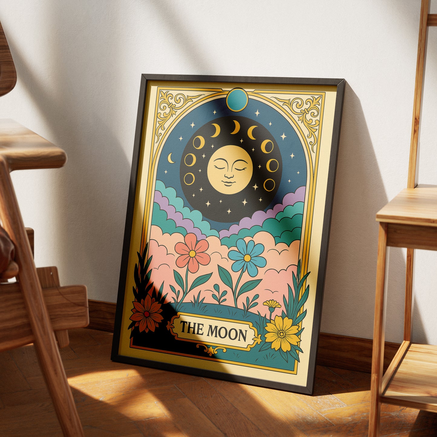 The Moon Tarot Card Printable Poster | Elegant Celestial Tarot Wall Art | Major Arcana Digital Download | Mystical Floral Astrology Decor