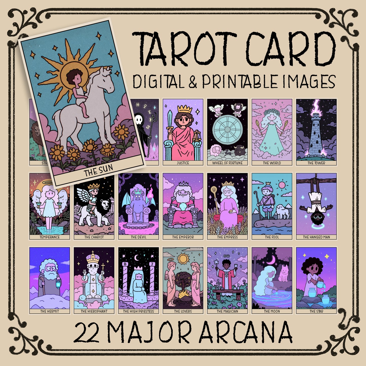 Cute Pastel Major Arcana Tarot Card Set – Digital & Printable 22-Card Deck