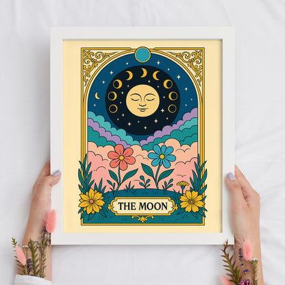 The Moon Tarot Card Printable Poster | Elegant Celestial Tarot Wall Art | Major Arcana Digital Download | Mystical Floral Astrology Decor