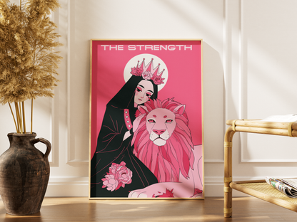 The Strength Tarot Card Print – Divine Feminine & Lion Illustration, Bold Pink Tarot Wall Art, Digital Download, Spiritual Poster Decor