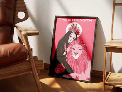 The Strength Tarot Card Print – Divine Feminine & Lion Illustration, Bold Pink Tarot Wall Art, Digital Download, Spiritual Poster Decor
