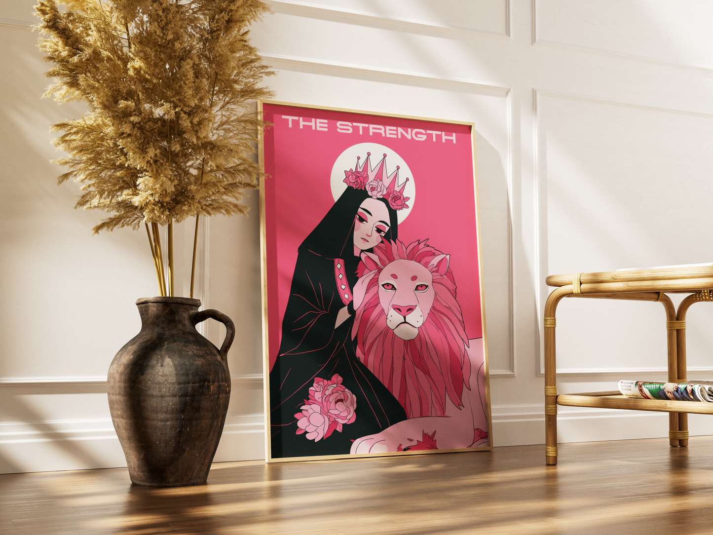 The Strength Tarot Card Print – Divine Feminine & Lion Illustration, Bold Pink Tarot Wall Art, Digital Download, Spiritual Poster Decor