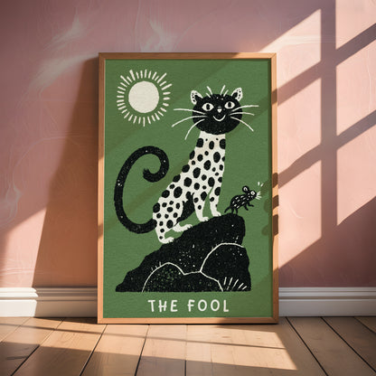 The Fool Tarot Cat Art Print – Whimsical Leopard Tarot Card Illustration, Digital Download, Animal Tarot Poster Wall Decor, Spiritual Gift