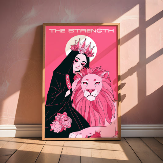 The Strength Tarot Card Print – Divine Feminine & Lion Illustration, Bold Pink Tarot Wall Art, Digital Download, Spiritual Poster Decor