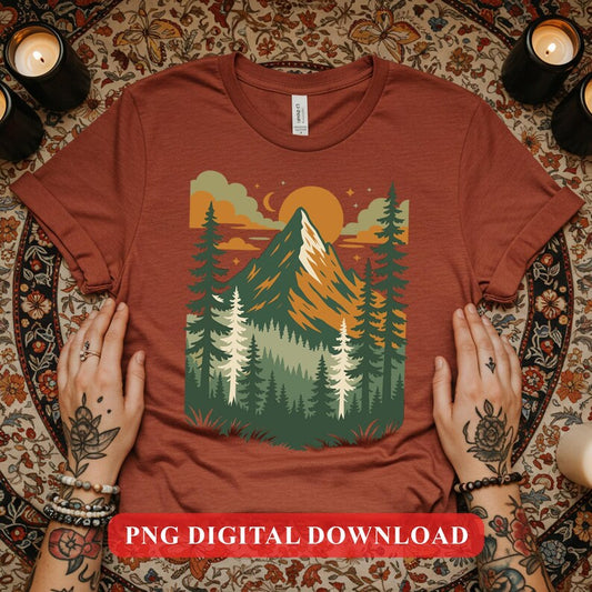 Retro Sunset Mountain View PNG Clipart, Hiking Adventure Landscape Digital Art, Vintage Forest Scene for Outdoor Nature Lovers