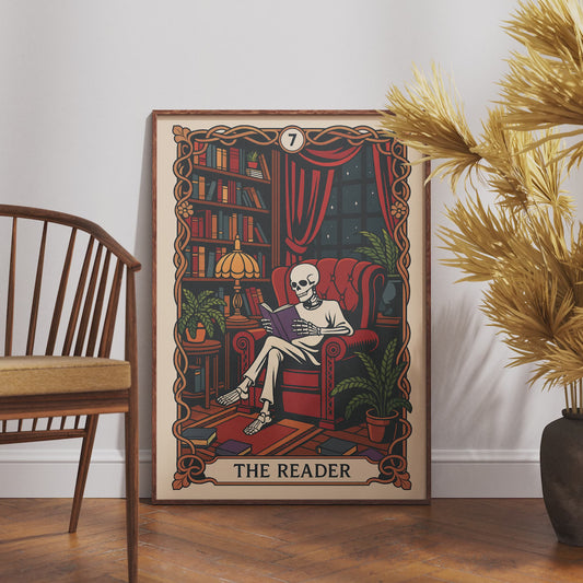 The Reader Tarot Card, Gothic Art Print, Witchy Home Decor, Cozy Skeleton Decor, Spooky Wall Art, Skull Print, Book Lover Gift
