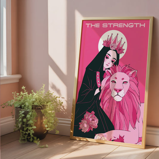 The Strength Tarot Card Print – Divine Feminine & Lion Illustration, Bold Pink Tarot Wall Art, Digital Download, Spiritual Poster Decor