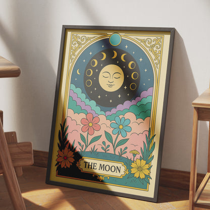 The Moon Tarot Card Printable Poster | Elegant Celestial Tarot Wall Art | Major Arcana Digital Download | Mystical Floral Astrology Decor