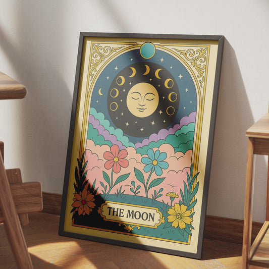 The Moon Tarot Card Printable Poster | Elegant Celestial Tarot Wall Art | Major Arcana Digital Download | Mystical Floral Astrology Decor