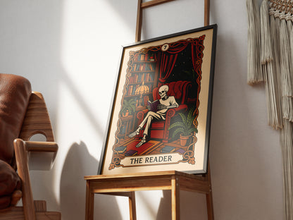 The Reader Tarot Card, Gothic Art Print, Witchy Home Decor, Cozy Skeleton Decor, Spooky Wall Art, Skull Print, Book Lover Gift