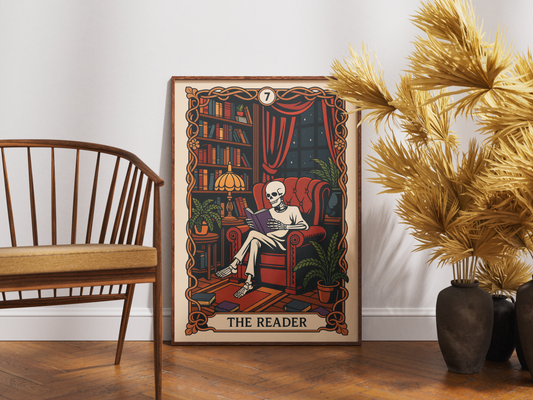 The Reader Tarot Card, Gothic Art Print, Witchy Home Decor, Cozy Skeleton Decor, Spooky Wall Art, Skull Print, Book Lover Gift