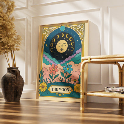 The Moon Tarot Card Printable Poster | Elegant Celestial Tarot Wall Art | Major Arcana Digital Download | Mystical Floral Astrology Decor