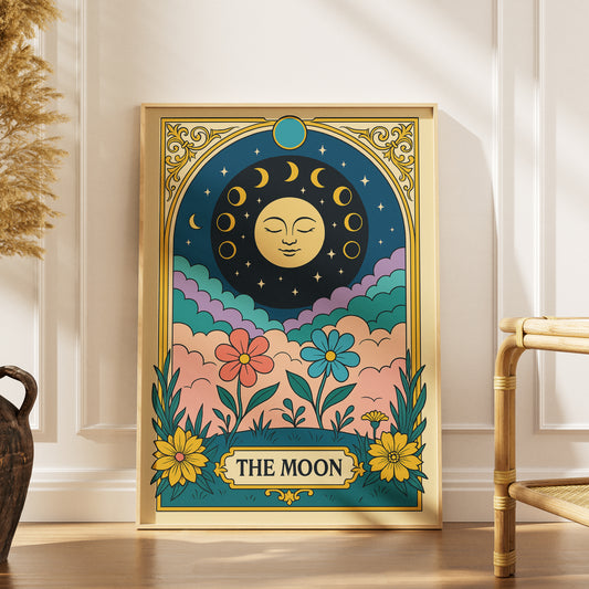 The Moon Tarot Card Printable Poster | Elegant Celestial Tarot Wall Art | Major Arcana Digital Download | Mystical Floral Astrology Decor