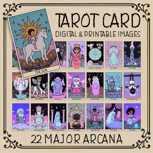 Cute Pastel Major Arcana Tarot Card Set – Digital & Printable 22-Card Deck